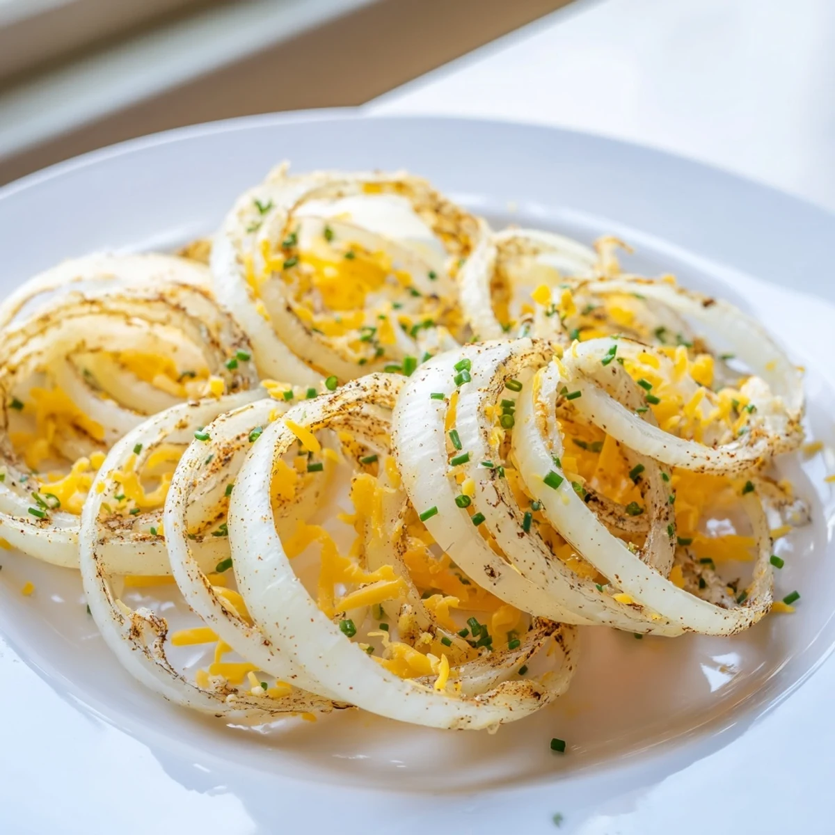 Air-fried Crispy Onion Cheese Chips, showing crispy golden onions and bubbling, delicious cheese.