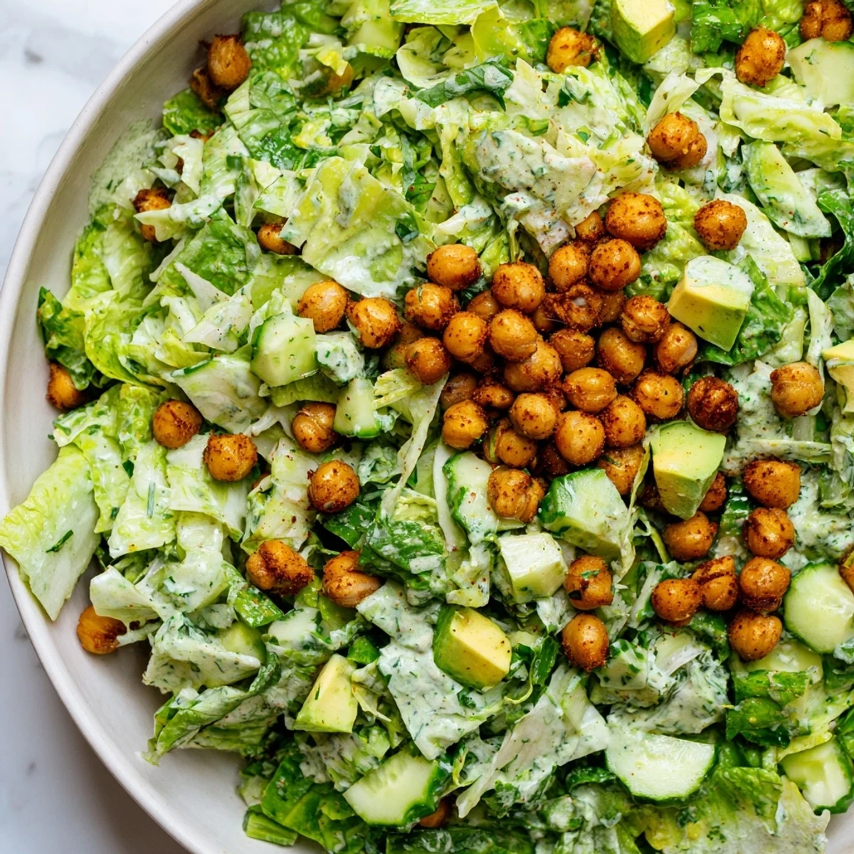 Fresh Green Goddess Salad with Crispy Chickpeas, a colorful bowl bursting with fresh flavors and textures.