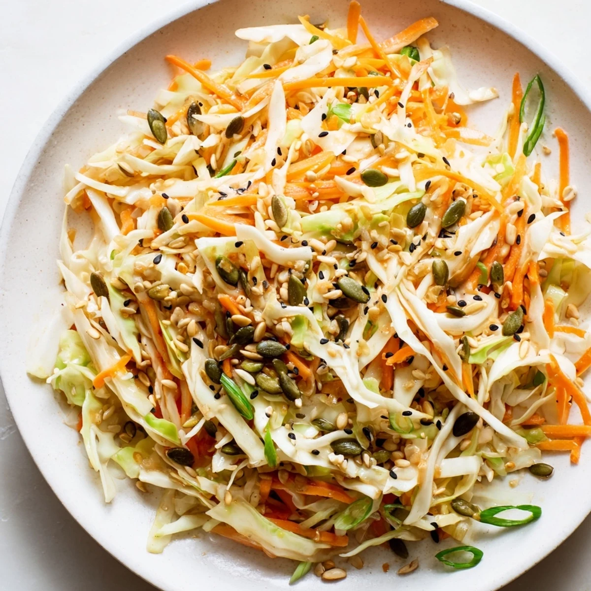 Vibrant Cabbage-Core Slaw Salad, showcasing crunchy shredded cabbage with toasted seeds and sesame dressing.