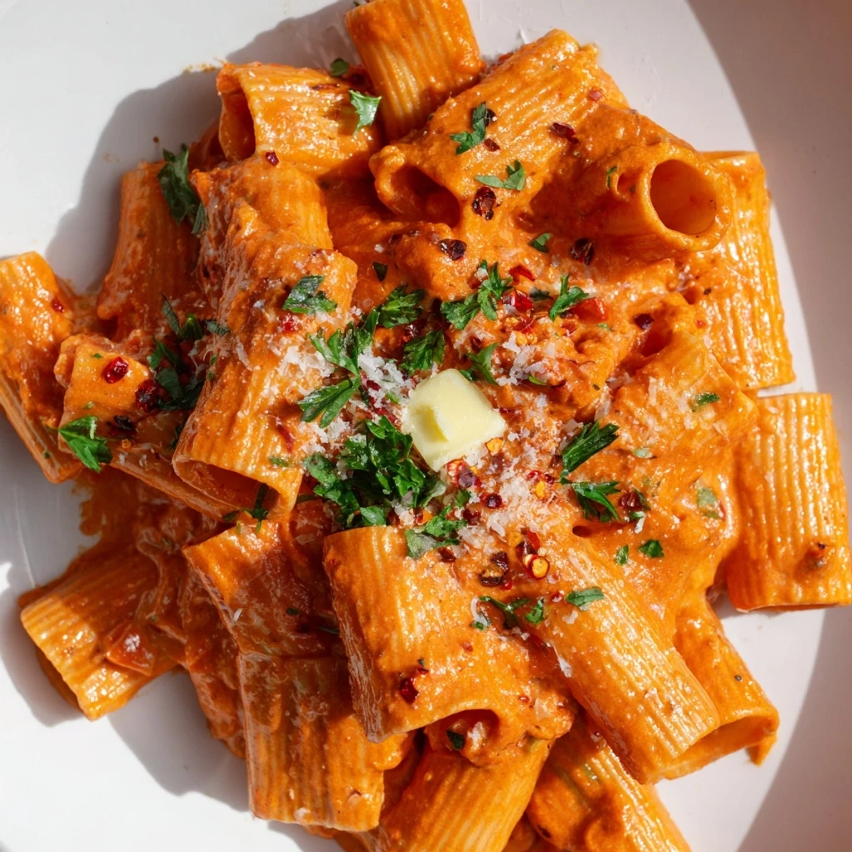 A steaming bowl of Gigi Hadid-Style Spicy Rigatoni, a vibrant, creamy pasta dish with fresh parsley.