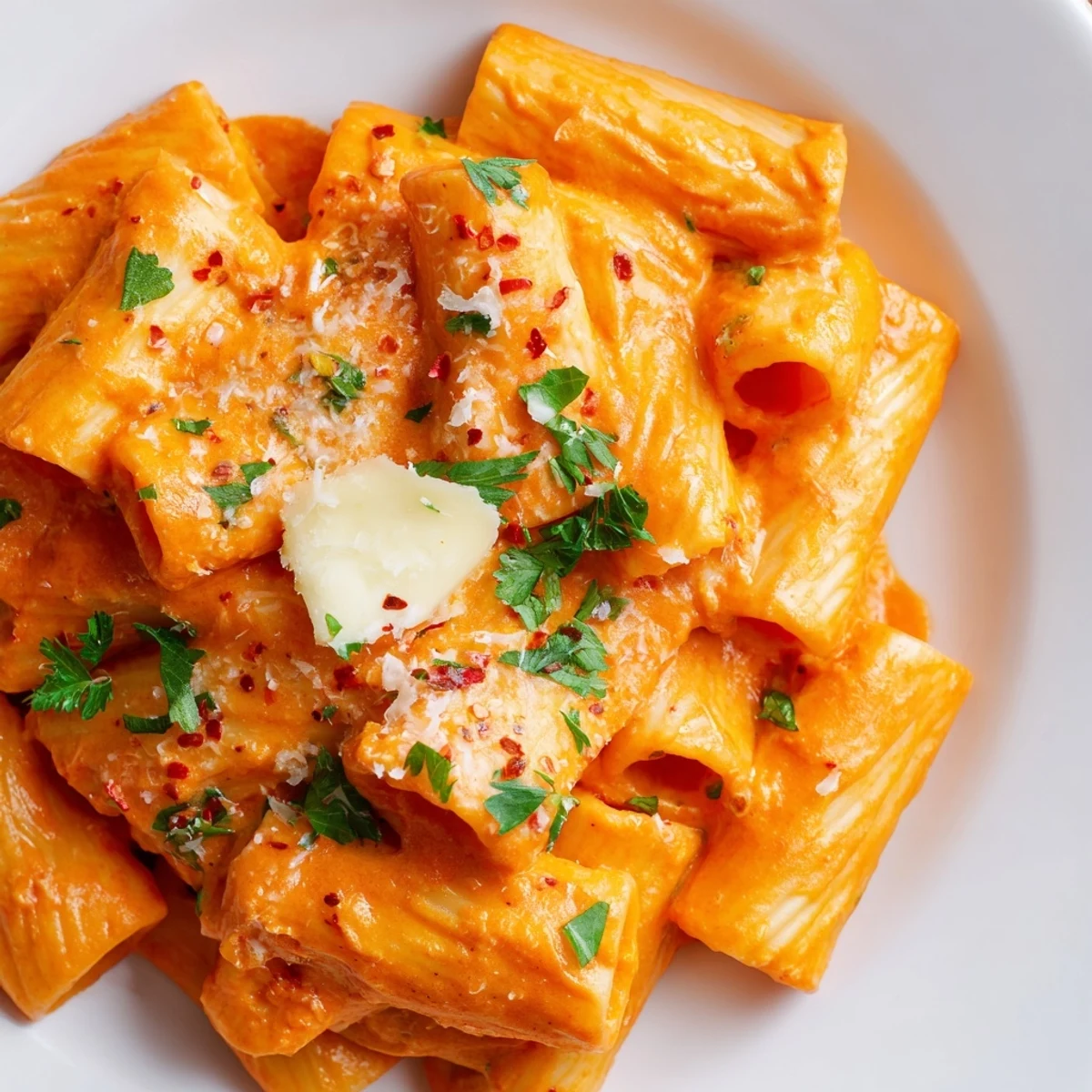 Close-up of Gigi Hadid-Style Spicy Rigatoni: rich, tomato-vodka sauce coats perfectly cooked rigatoni pasta.