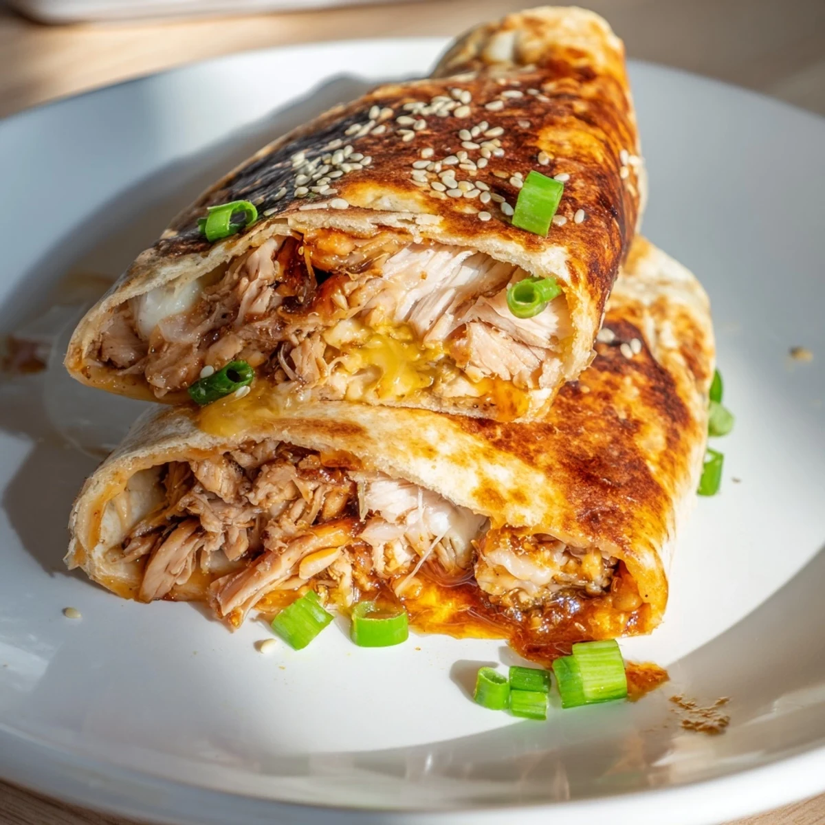 Crispy flour tortilla showcasing the delicious Korean BBQ Chicken Wrap Grilled Cheese, ready to eat!