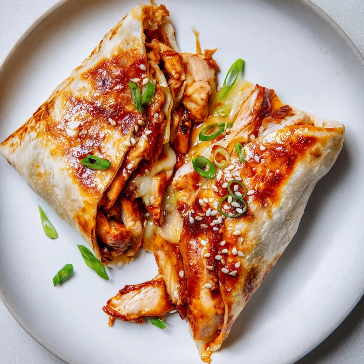 Close-up of a Korean BBQ Chicken Wrap Grilled Cheese, with toasted sesame seeds and grilled perfection.