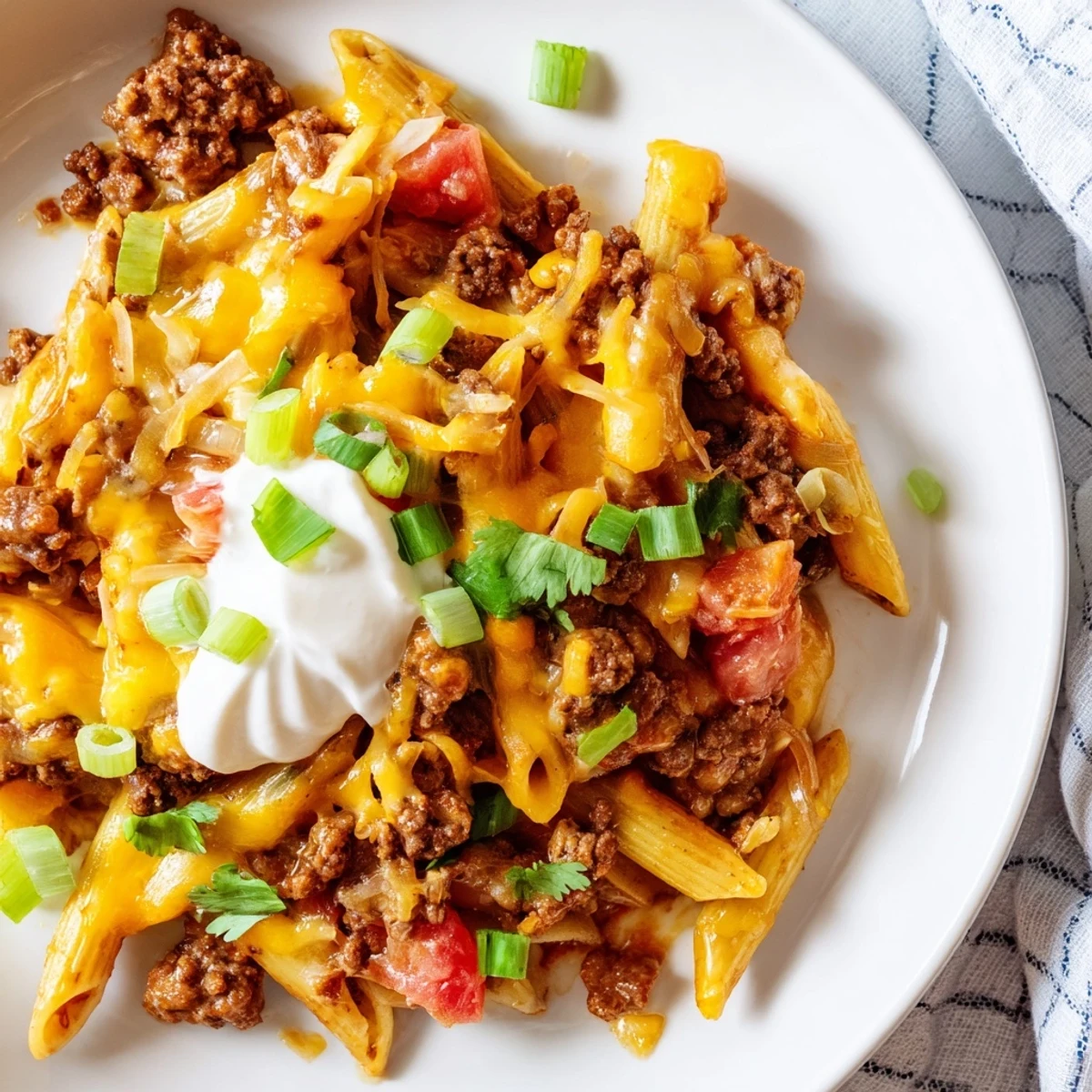 One-Pot Taco Pasta, a bubbling skillet filled with ground beef and melted cheddar cheese.