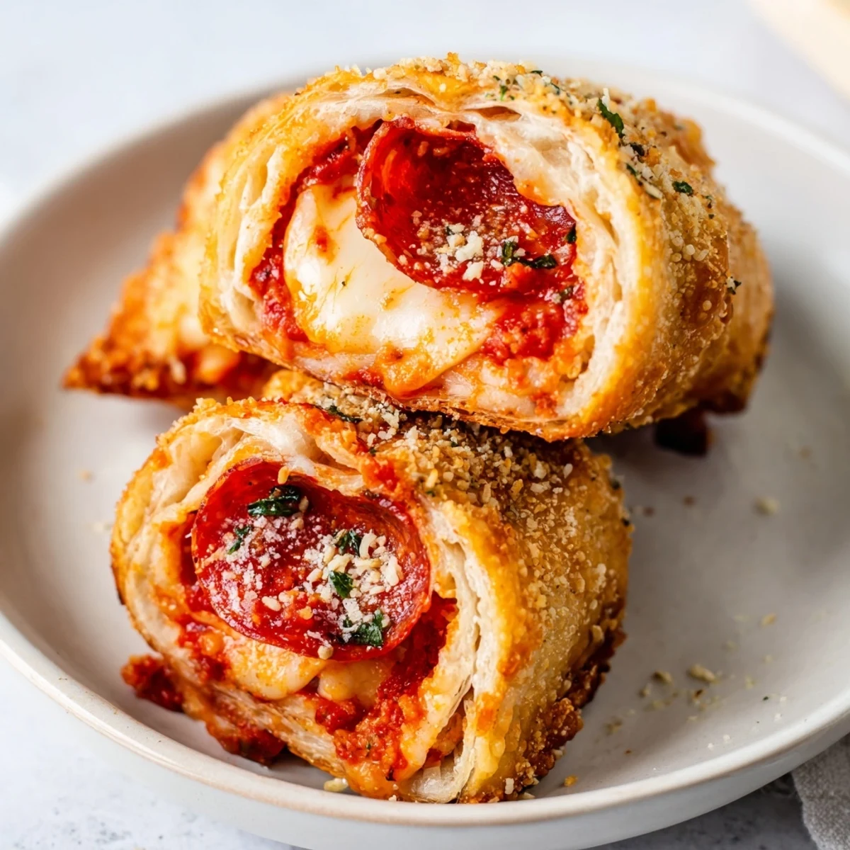 Golden-brown air fryer pizza rolls, showcasing a perfect balance of crispy and gooey textures.