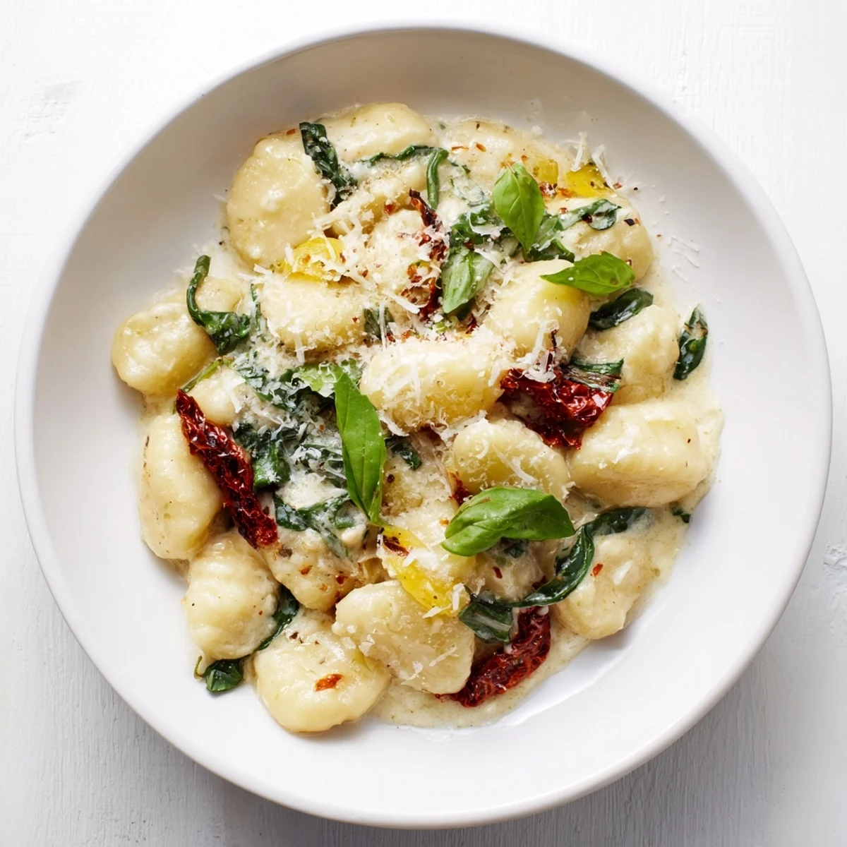 Creamy Tuscan gnocchi: a skillet brimming with rich, creamy pasta, sun-dried tomatoes, and fresh basil for serving.