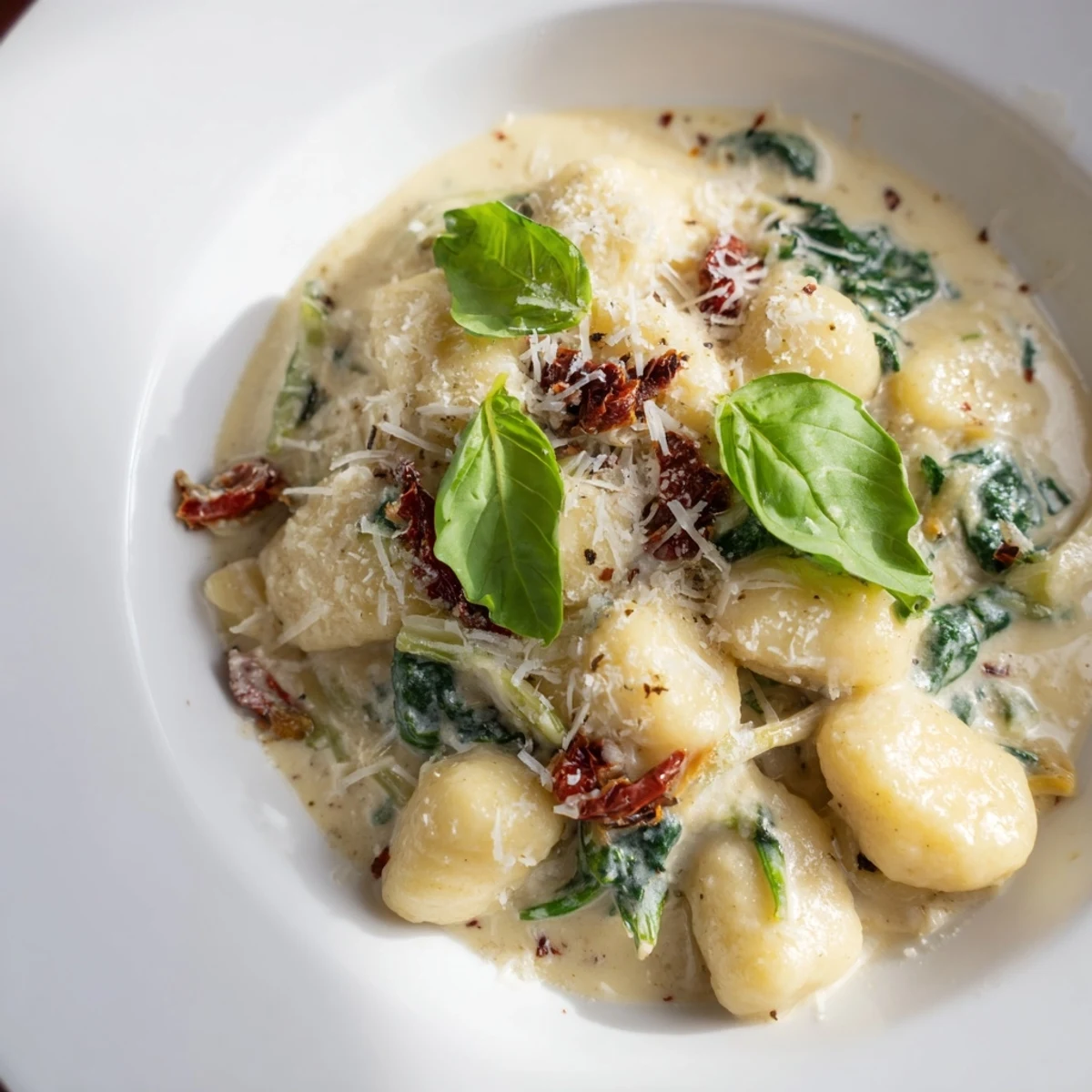 Warm, appetizing photo of Creamy Tuscan gnocchi, a comforting Italian dinner with creamy sauce and spinach.