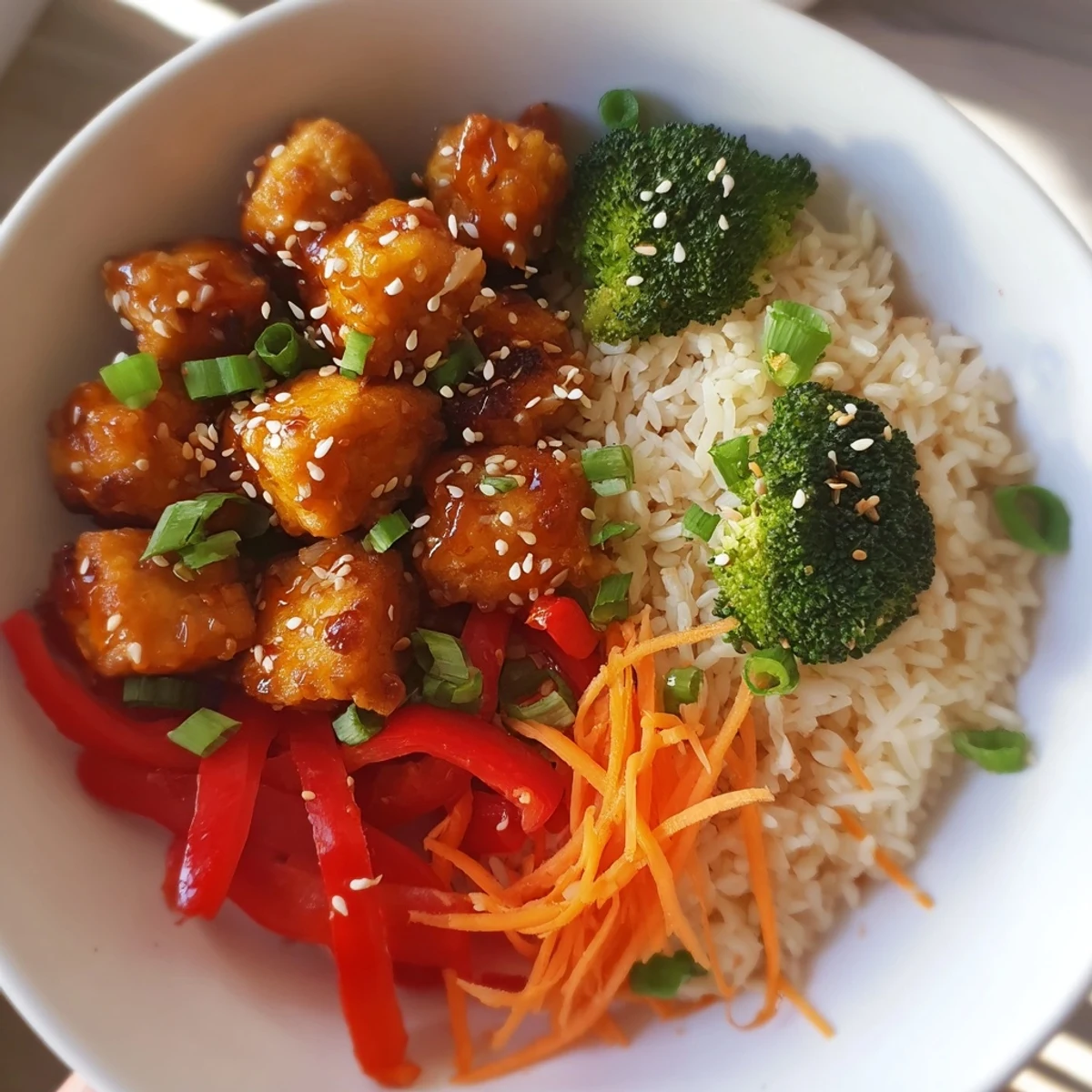 Golden-brown, crispy Honey Garlic Tofu Bowls, with vibrant vegetables and glossy sauce, ready to serve over rice.