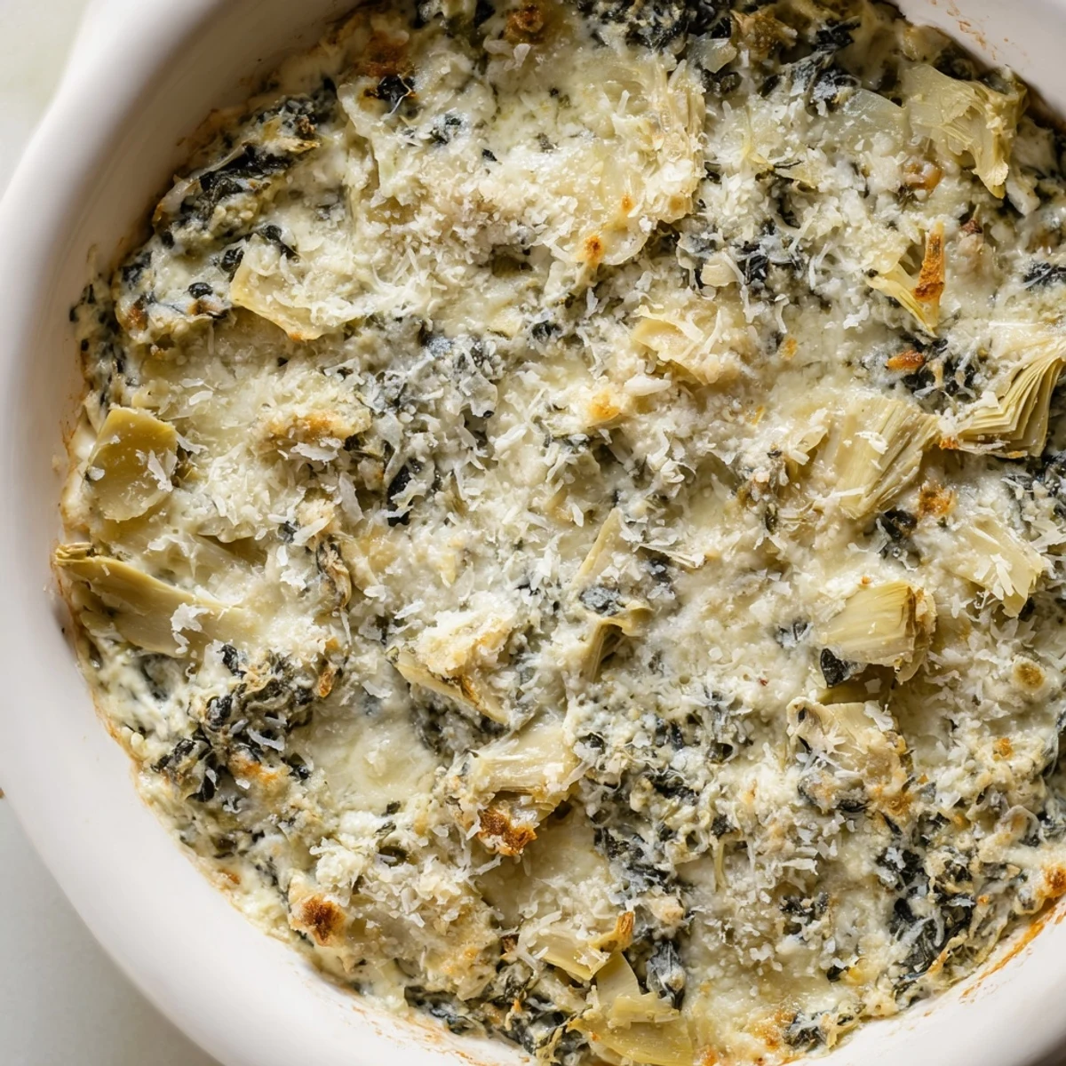 Steaming Spinach Artichoke Dip, bubbling golden brown with melted mozzarella, perfect for dipping.