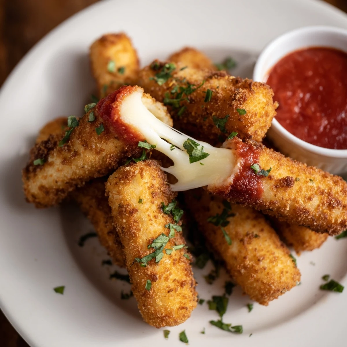 Golden-brown, crispy air fryer mozzarella sticks served with warm marinara, a perfect party appetizer.