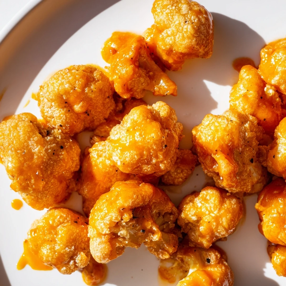 Golden, crispy Buffalo Cauliflower Bites, coated in spicy sauce, ready to serve with carrot sticks and ranch.