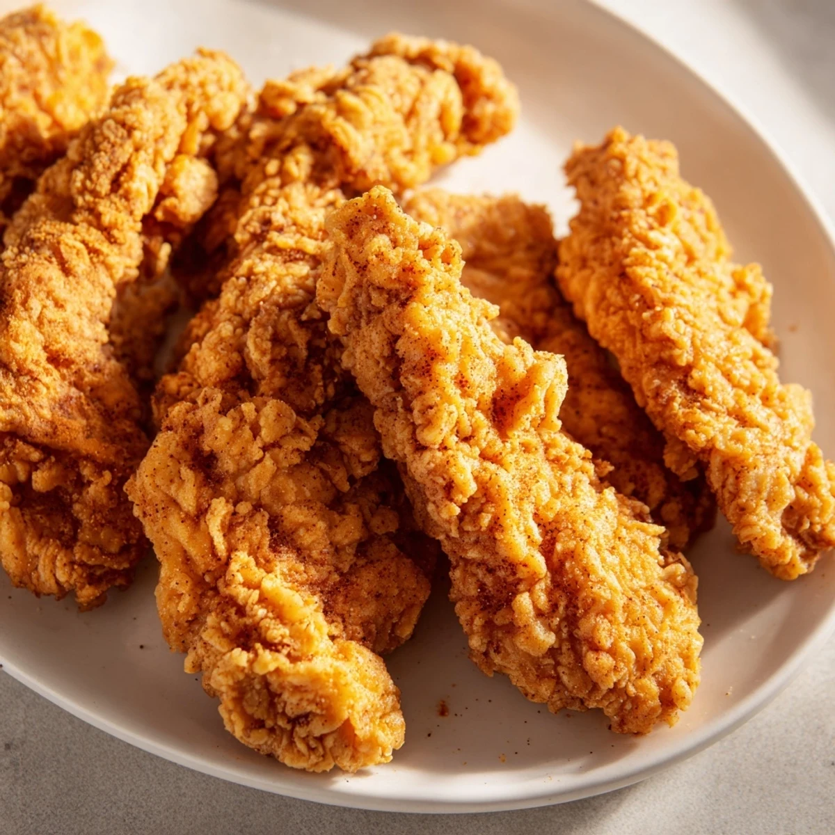 Close-up of succulent buttermilk fried chicken tenders, perfectly fried to a lovely golden brown color.