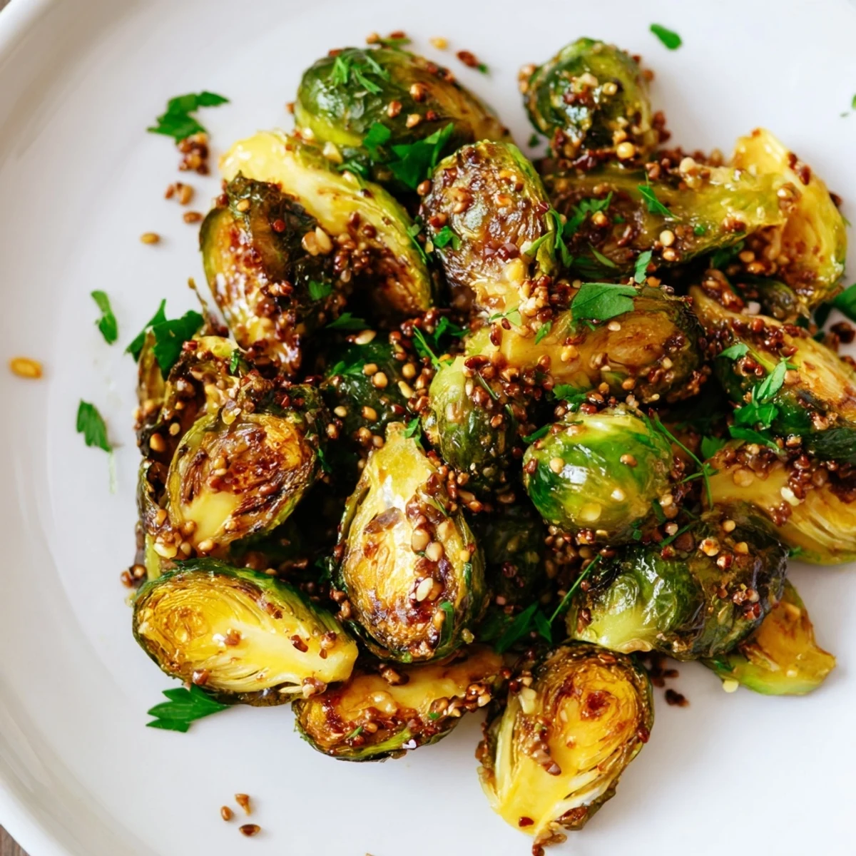 A vibrant close-up showcasing caramelized Honey Mustard Glazed Brussels Sprouts, a perfect side dish.