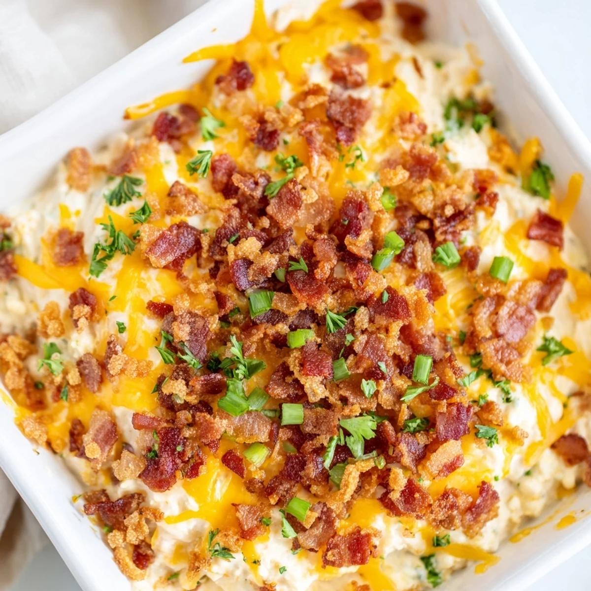 Warm, bubbly Cheesy Bacon Ranch Dip, a savory appetizer brimming with crispy bacon crumbles and melted cheddar.