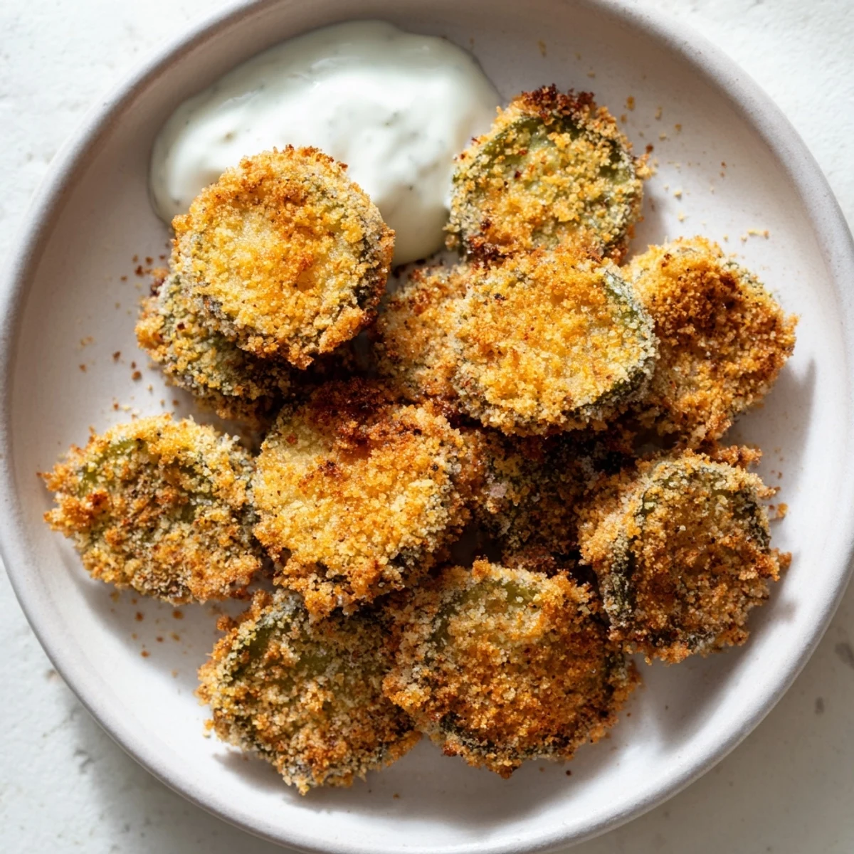 Golden brown Crispy Fried Pickles, ready to be served with creamy ranch for dipping pleasure.