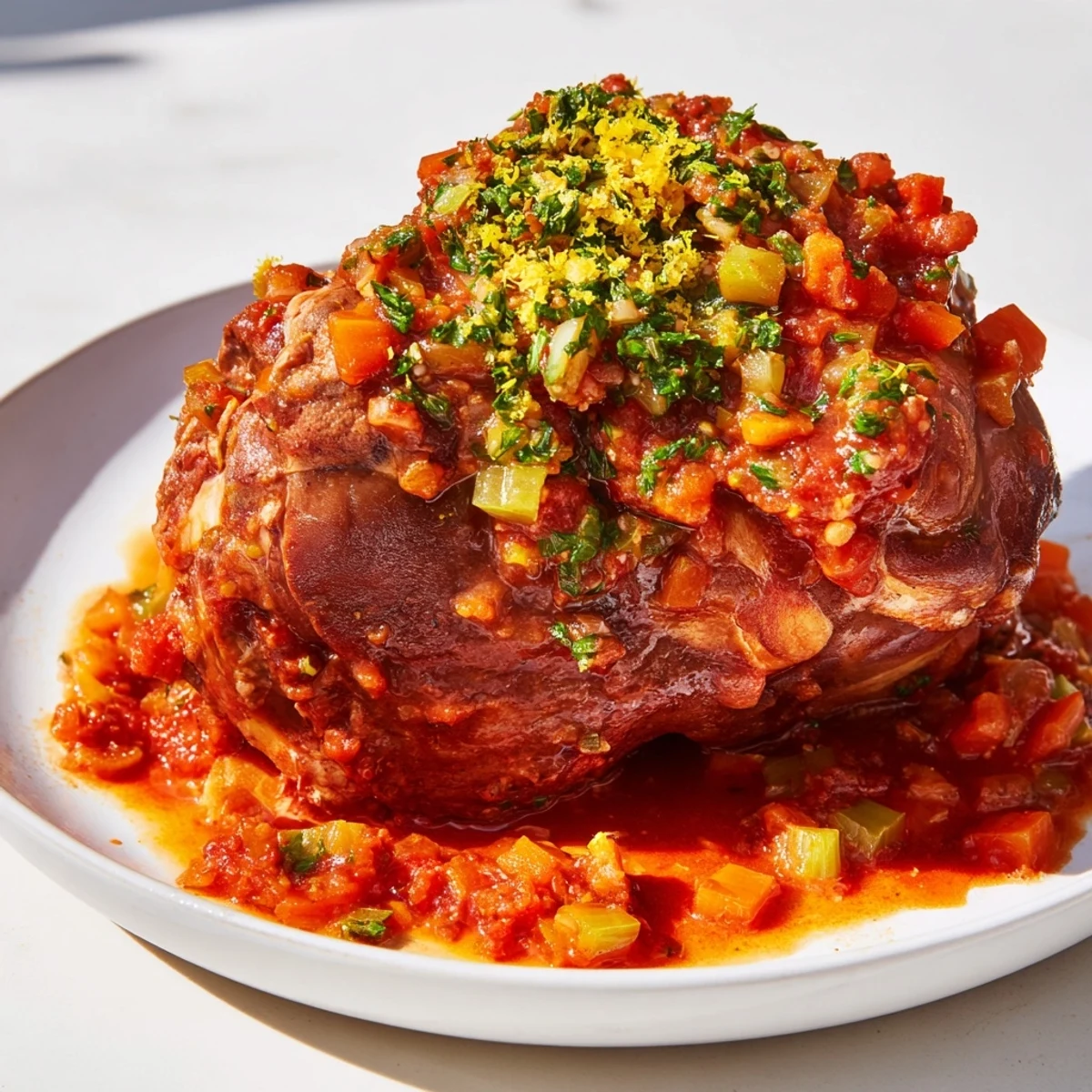Fork-tender Osso Buco, the Italian braised veal dish, glistening in its flavorful tomato sauce.