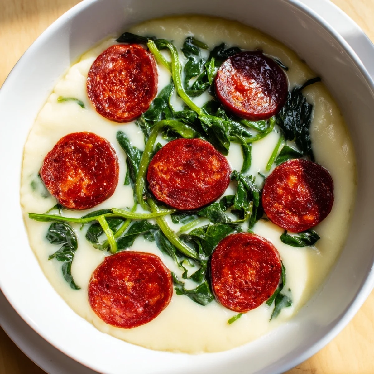 A steaming bowl of Portuguese Caldo Verde soup, with vibrant green kale and flavorful chorizo.