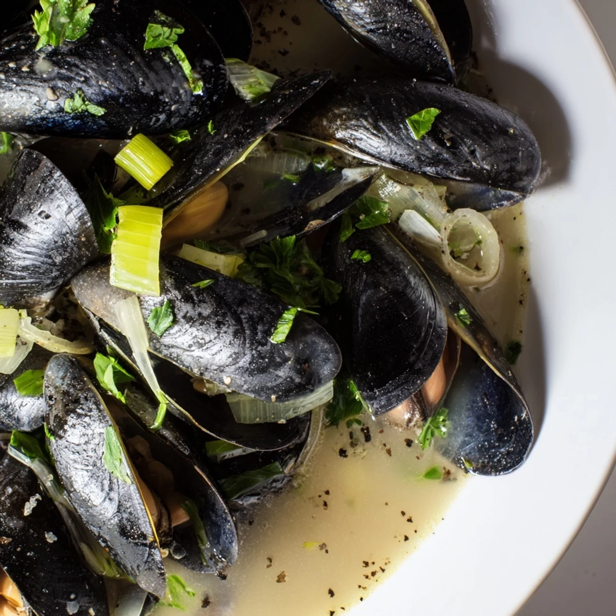 Freshly prepared Belgian Moules Marinière, a classic dish, garnished with parsley and served with lemon slices.