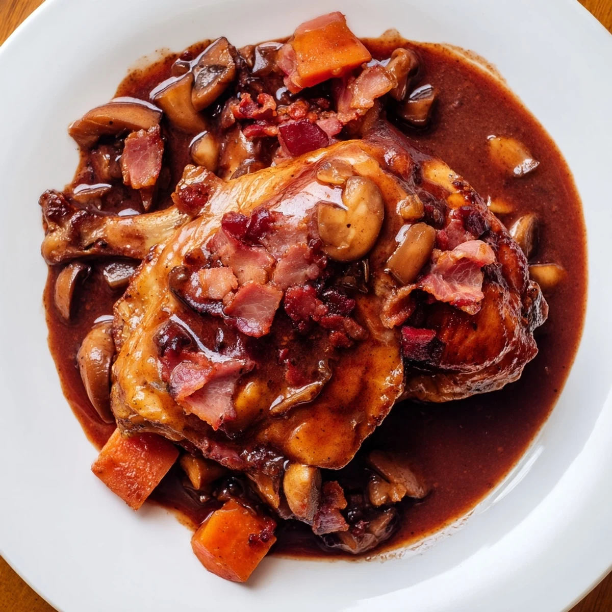 Close-up of hearty Coq au Vin, a French chicken stew with rich red wine and mushrooms.