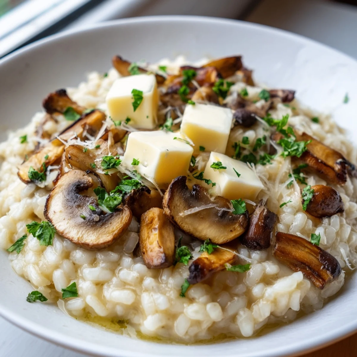 Creamy Italian Mushroom Risotto, garnished with fresh parsley, offers an enticing savory aroma.