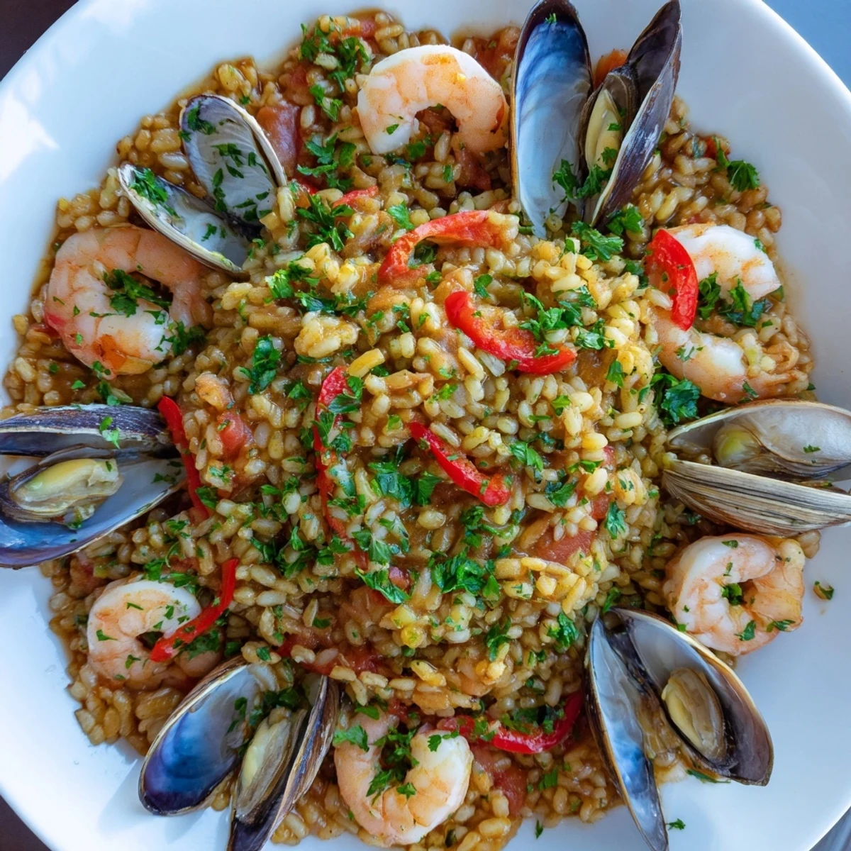 Golden rice, shrimp, and mussels: a flavorful, colorful Spanish Seafood Paella simmering in a pan.