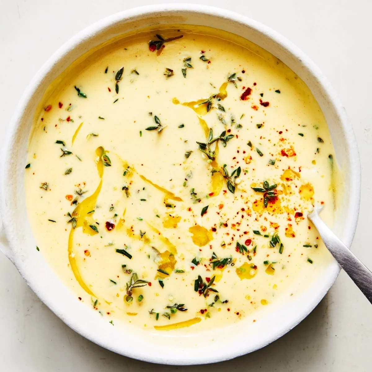 A close-up of creamy Cowboy Butter Sauce in a bowl, garnished with lemon zest and red pepper flakes for a bold kick.