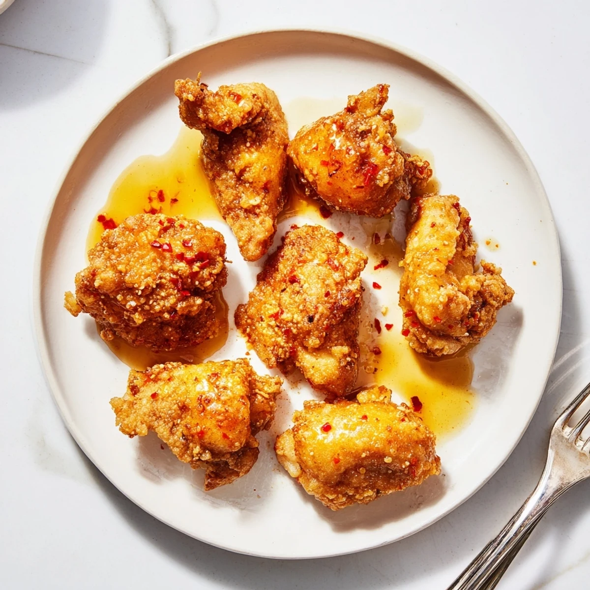 Fork-tender fried chicken pieces drizzled with spicy sweet hot honey butter, served alongside crisp pickles.