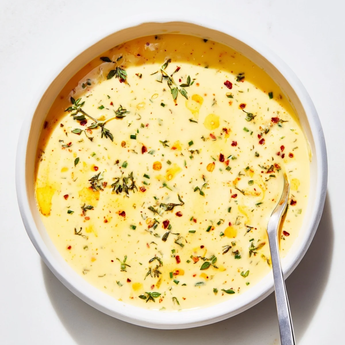 Freshly made Cowboy Butter Sauce in a glass jar, with a spoon holding a dollop to show its rich, herb-flecked texture.