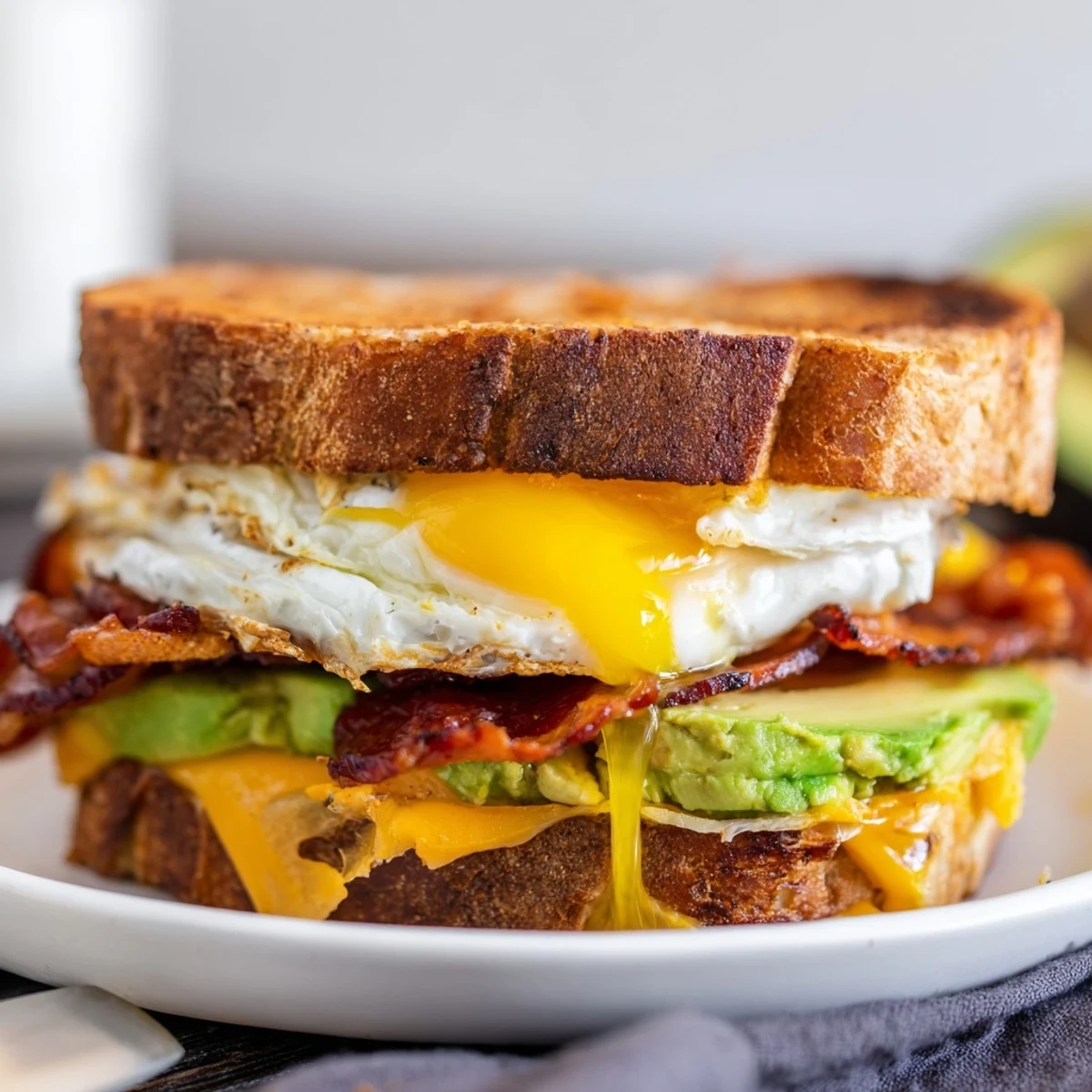 Savory loaded breakfast sandwich with melted cheddar, bacon, and fresh spinach, served on golden toast for a hearty meal.
