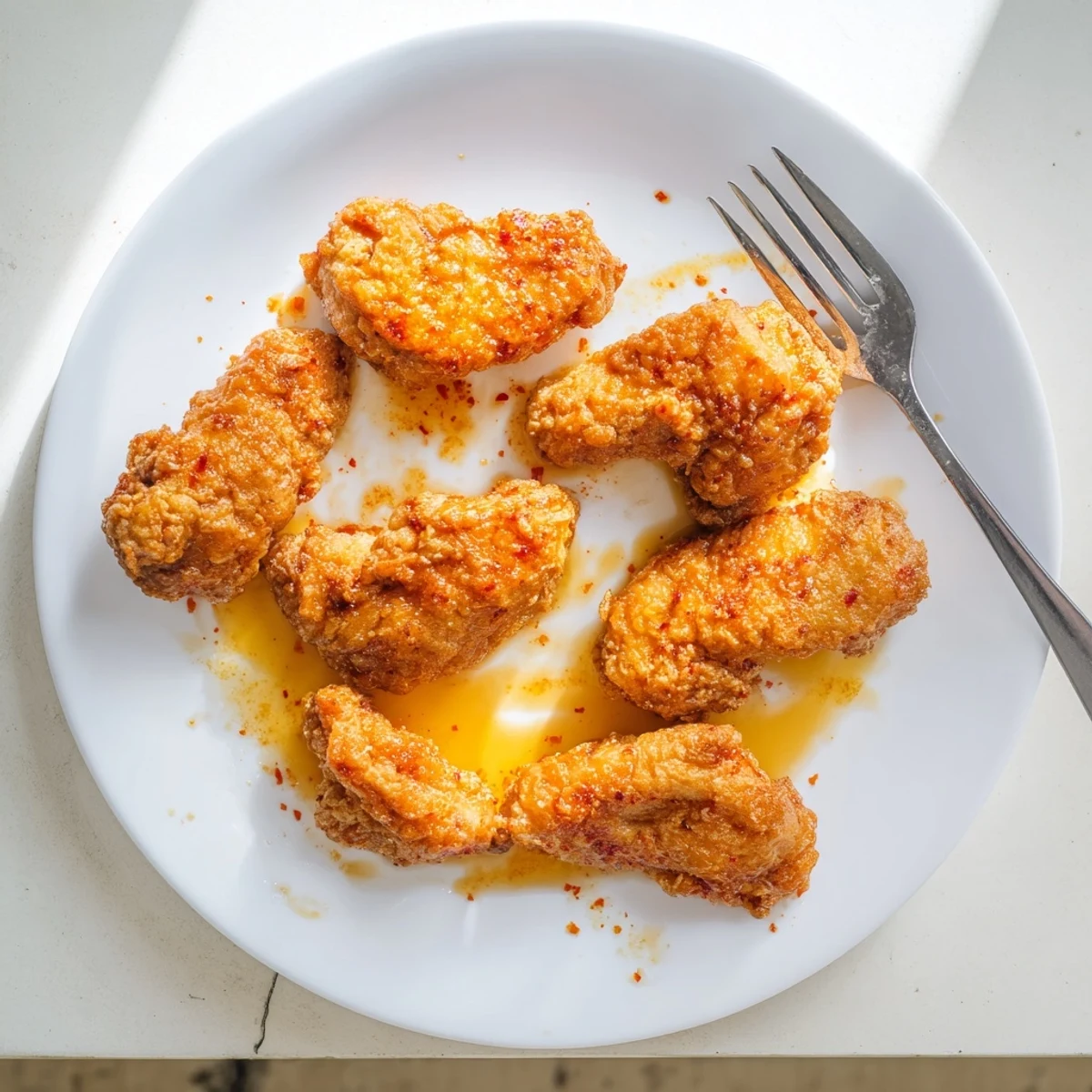 Golden brown crispy fried chicken thighs glistening with a glossy hot honey butter sauce on a rustic plate.