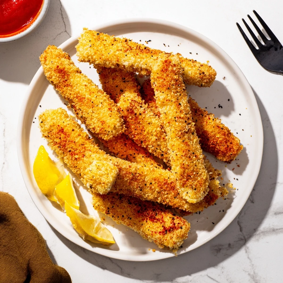A close-up view of Crispy Panko Halloumi with crunchy panko breading and vibrant fresh lemon slices for a zesty garnish.  