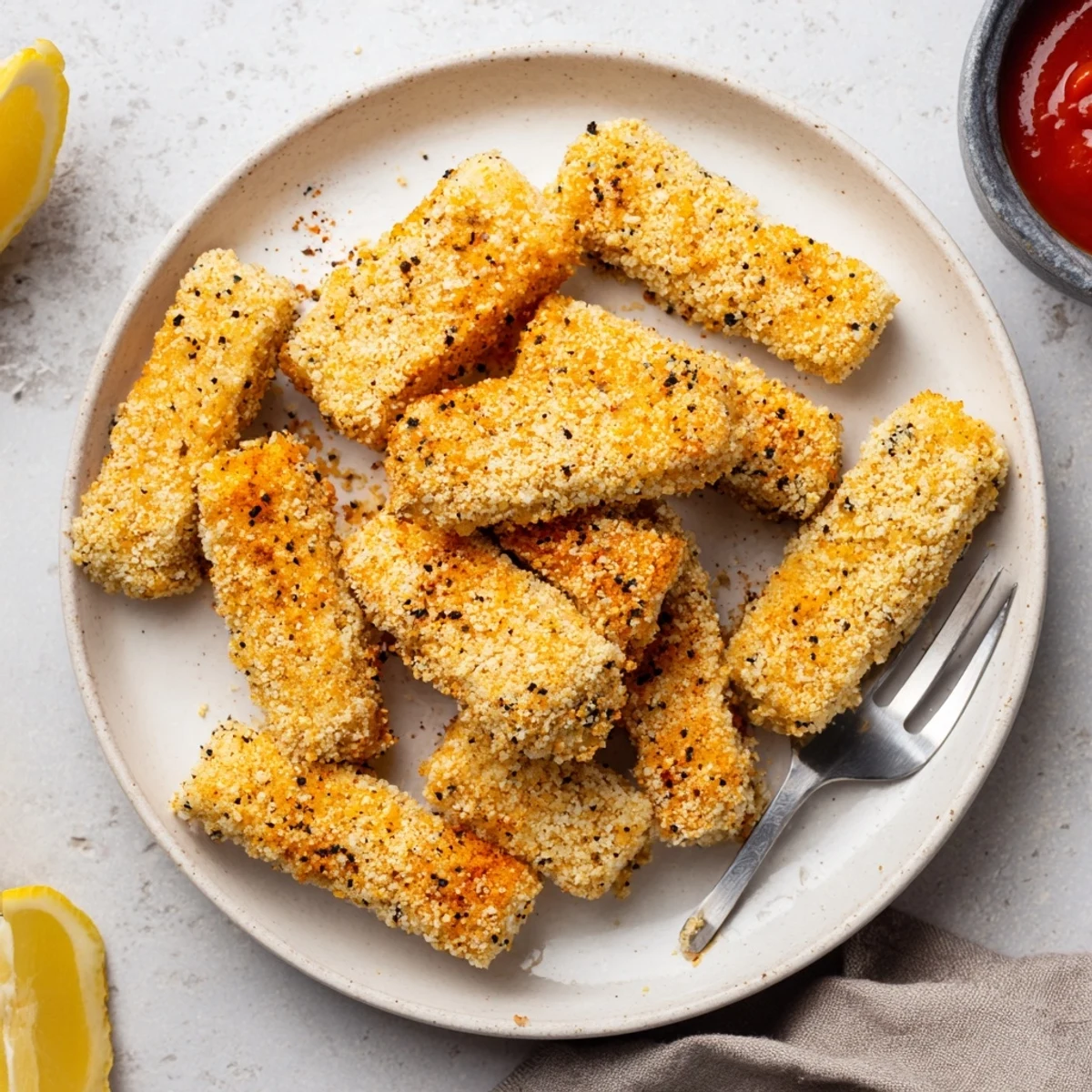 These Crispy Panko Halloumi bites sit on a plate with lemon wedges and spicy hot sauce, ready for dipping.