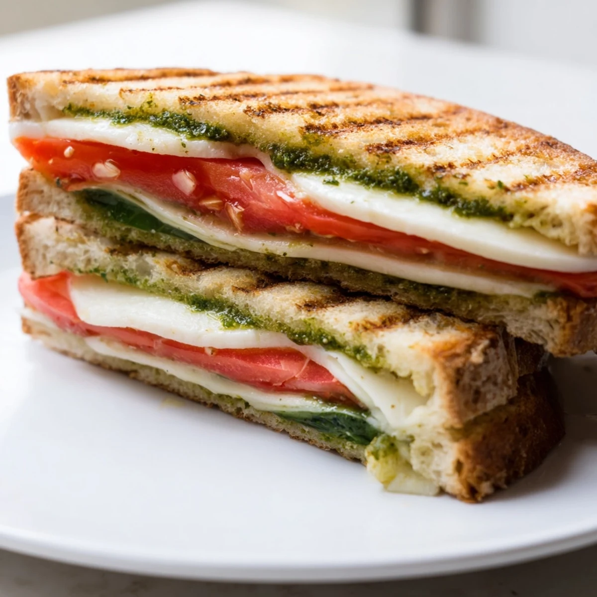 The classic Caprese Panini Press creation features layers of fresh mozzarella and tomato on sourdough, pressed until the bread is golden and crisp.  