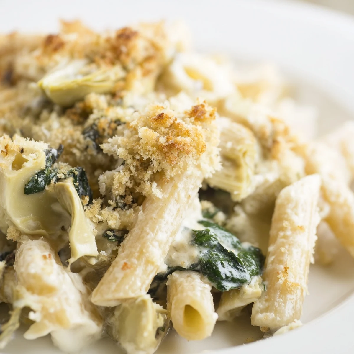 Golden, bubbling Artichoke Pasta Bake served in a white ceramic dish, with steam rising from the creamy Parmesan sauce and visible spinach leaves.