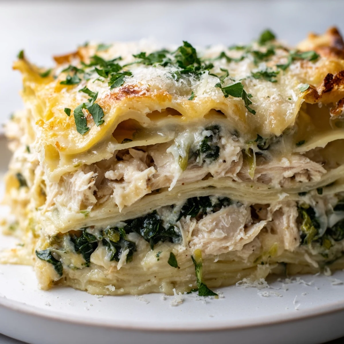 Slice of rich Chicken Alfredo Lasagna on a white plate, served with a fresh green salad for a comforting Italian-American dinner.