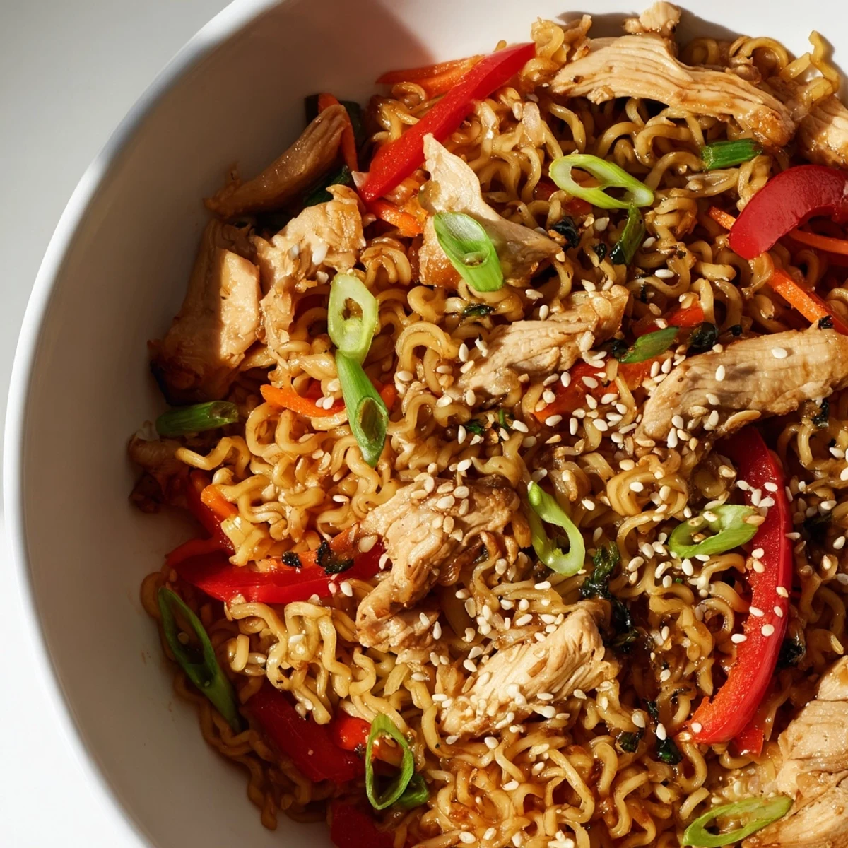 A steaming plate of Spicy Ramen Stir-Fry with tender chicken and crisp bell peppers garnished with fresh green onions and sesame seeds.  