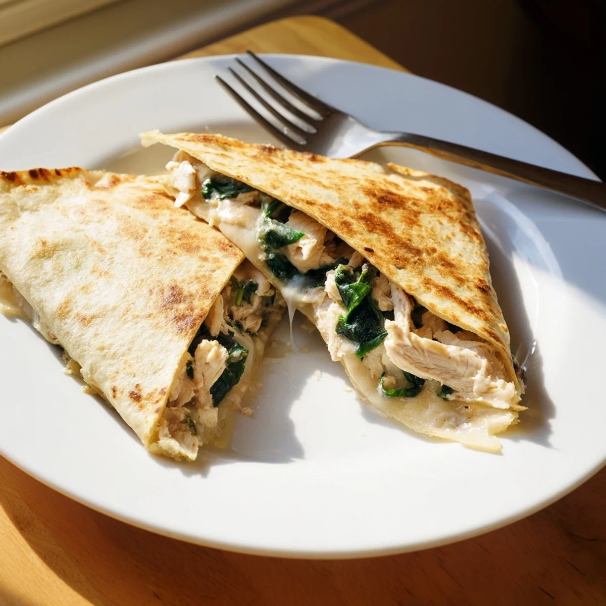 Golden, crispy Chicken and Spinach Quesadilla with melted mozzarella cheese oozing from the edges, sliced into wedges for dipping.  