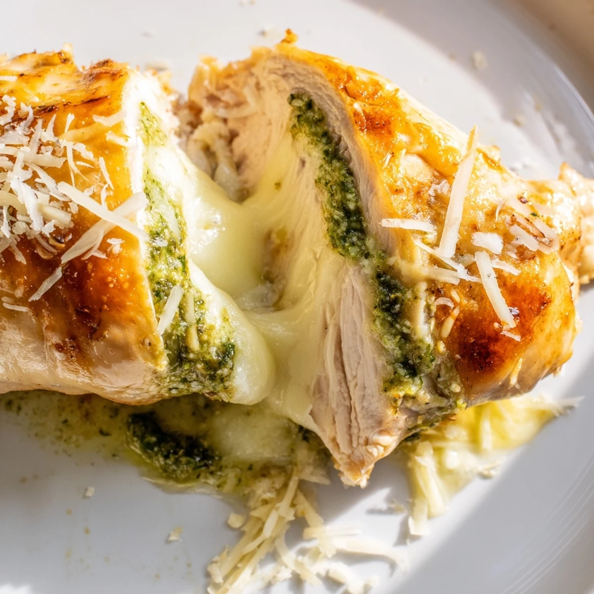Golden-brown Mozzarella & Pesto Stuffed Chicken breasts are sliced open, revealing melted mozzarella and vibrant basil pesto filling alongside a crisp green salad.  