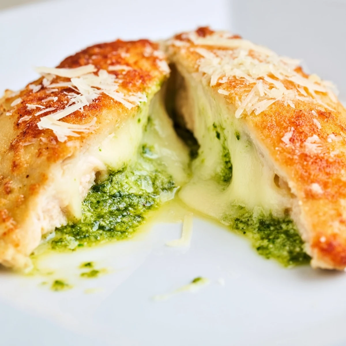 A juicy, baked Mozzarella & Pesto Stuffed Chicken breast rests in a ceramic dish, featuring bubbling cheese and fresh Italian herbs for a hearty main course.  