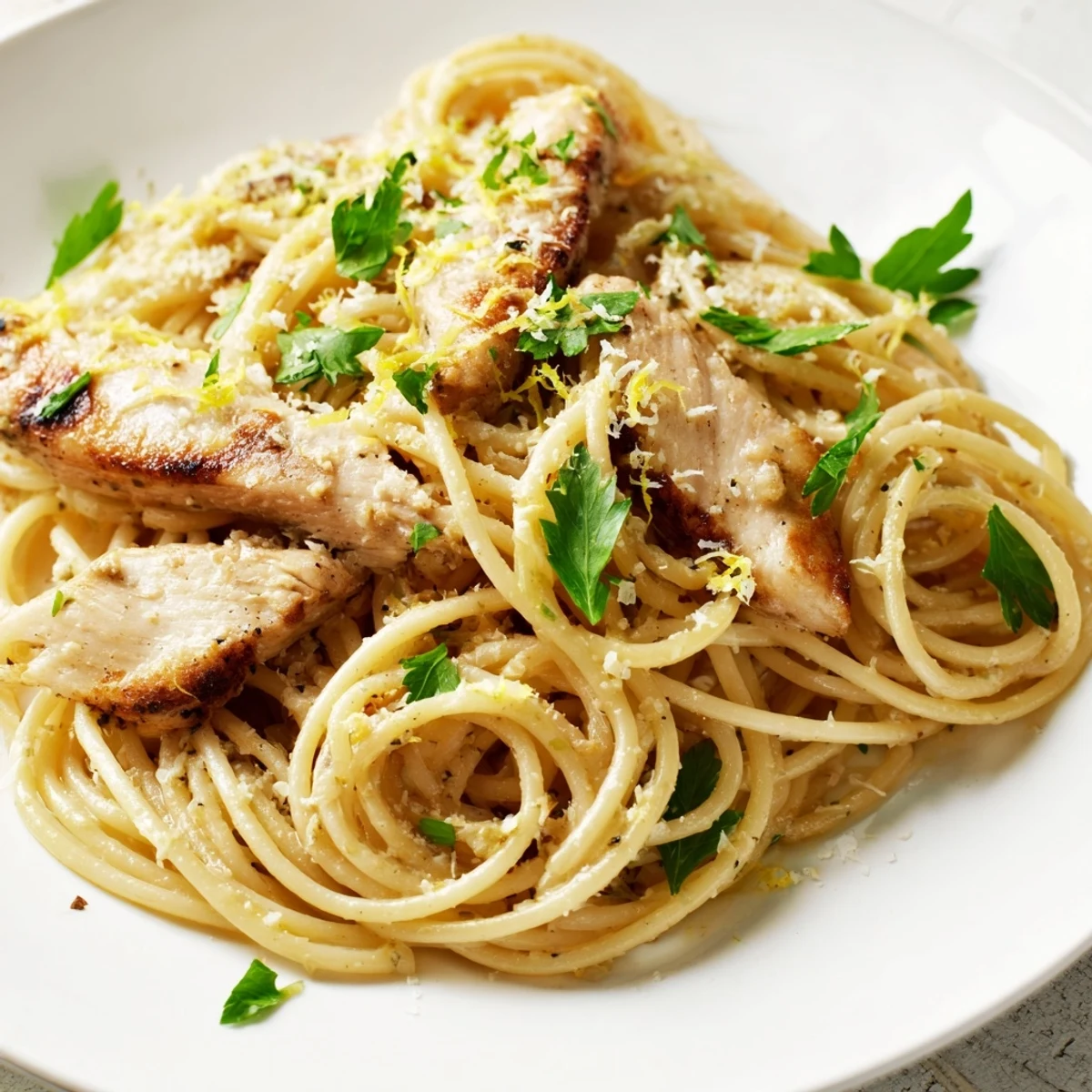 A generous serving of Brown Butter Lemon Chicken Pasta garnished with fresh parsley and extra lemon wedges on the side.