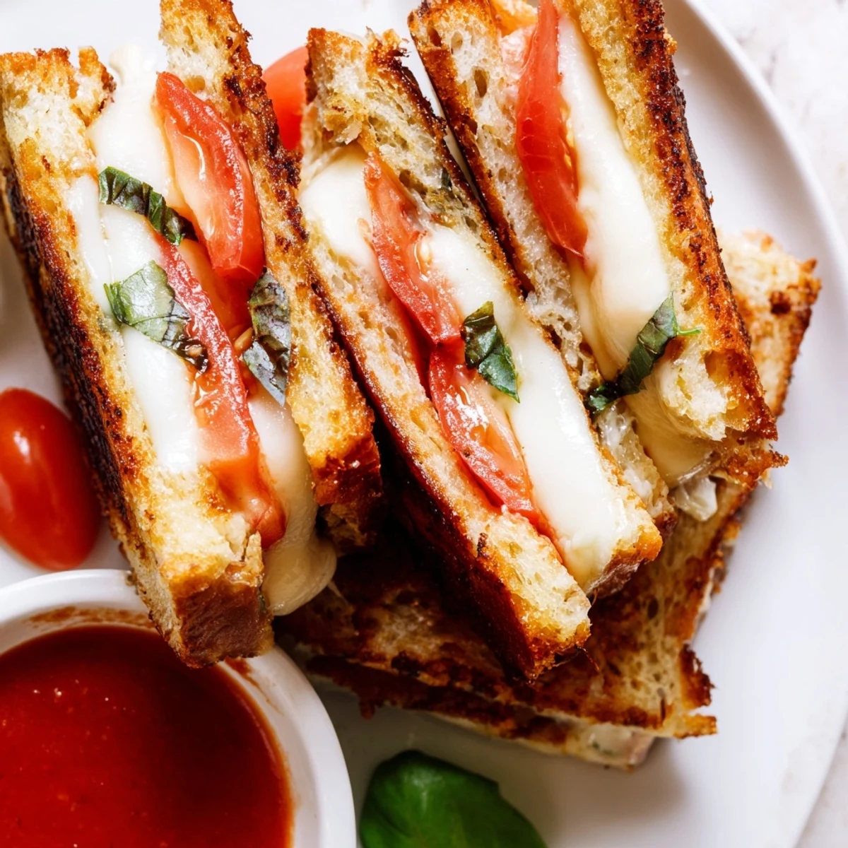 Caprese Grilled Cheese Dippers golden with melted mozzarella and fresh tomato, paired with marinara sauce for dipping.