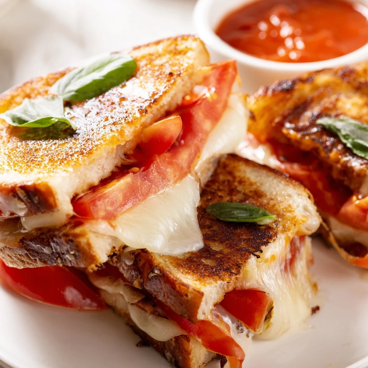 Fresh basil layered in Caprese Grilled Cheese Dippers on buttery sourdough, sliced into strips and served warm.