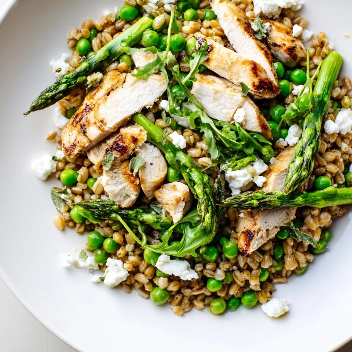 A vibrant bowl of Warm Spring Farro Chicken Salad with baby arugula, crumbled feta, and fresh herbs, served for a light lunch or refreshing dinner.