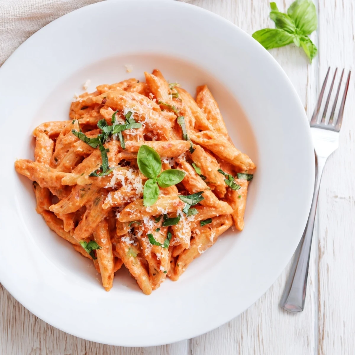 A close-up photo of creamy roasted red pepper pasta with penne coated in a rich, velvety orange sauce.  