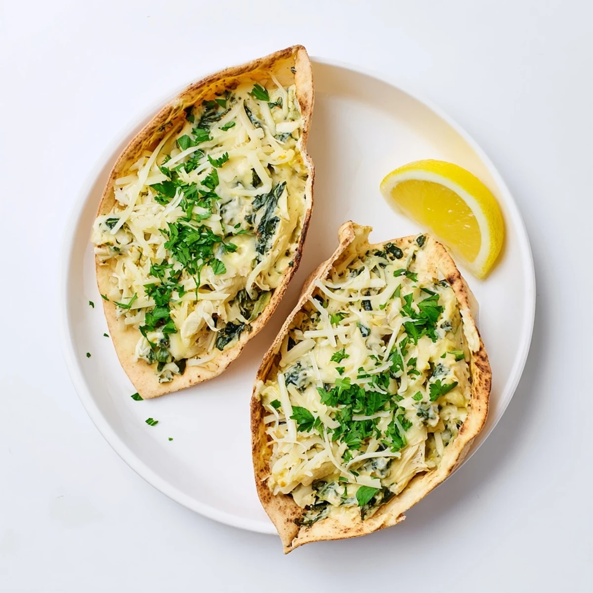Warm Mediterranean-American spinach artichoke chicken stuffed pita served with lemon wedges and parsley garnish on a rustic board.