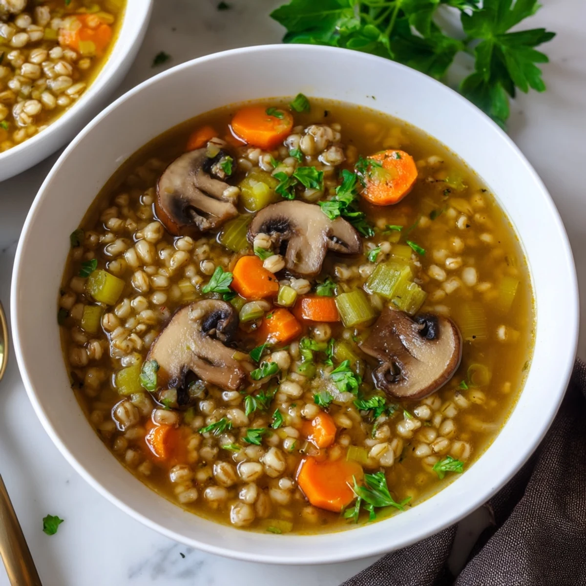 Steaming bowls of Mushroom and Barley Soup sit beside crusty bread and fresh parsley garnish.