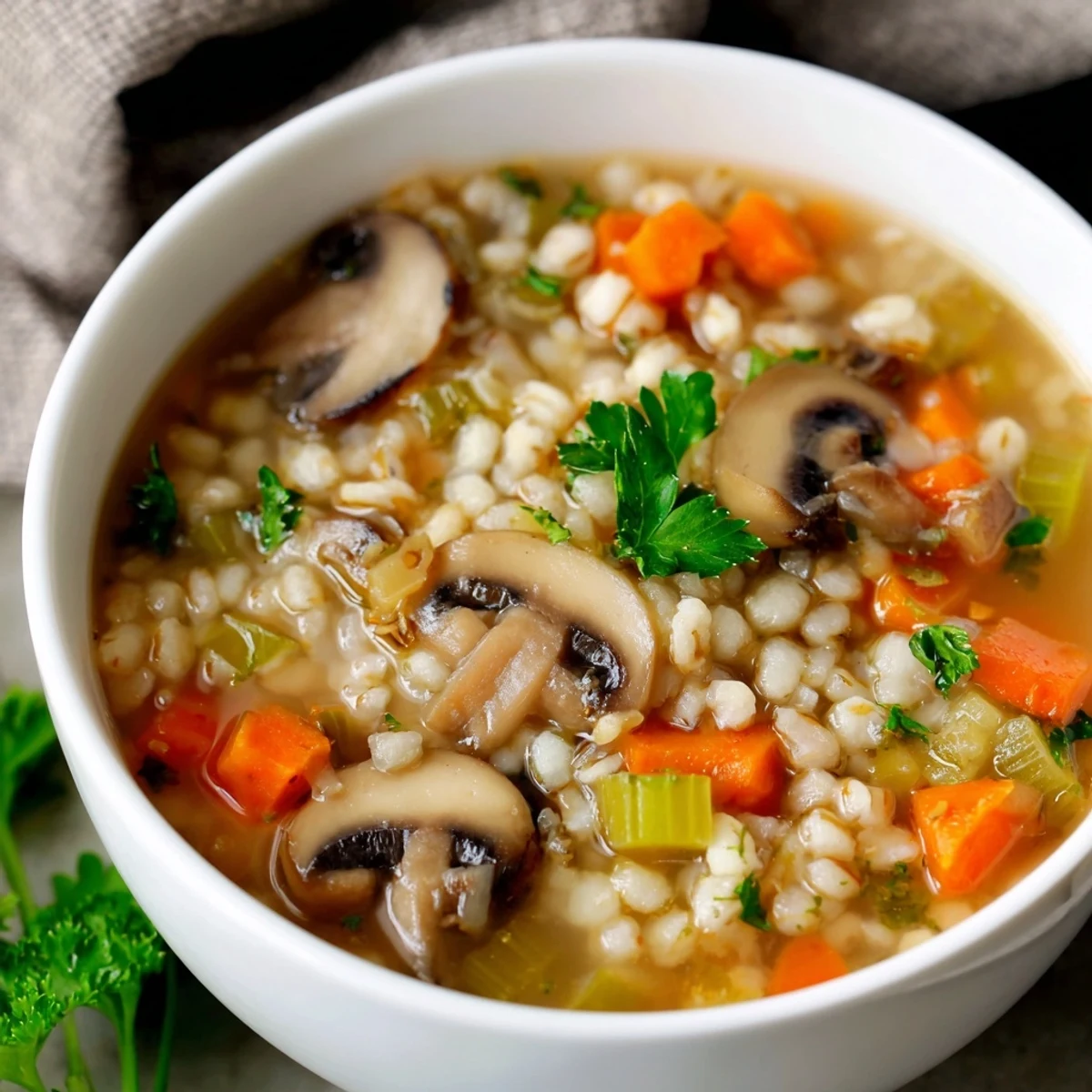Homemade Mushroom and Barley Soup ladled into a white bowl, garnished with chopped parsley and lemon.