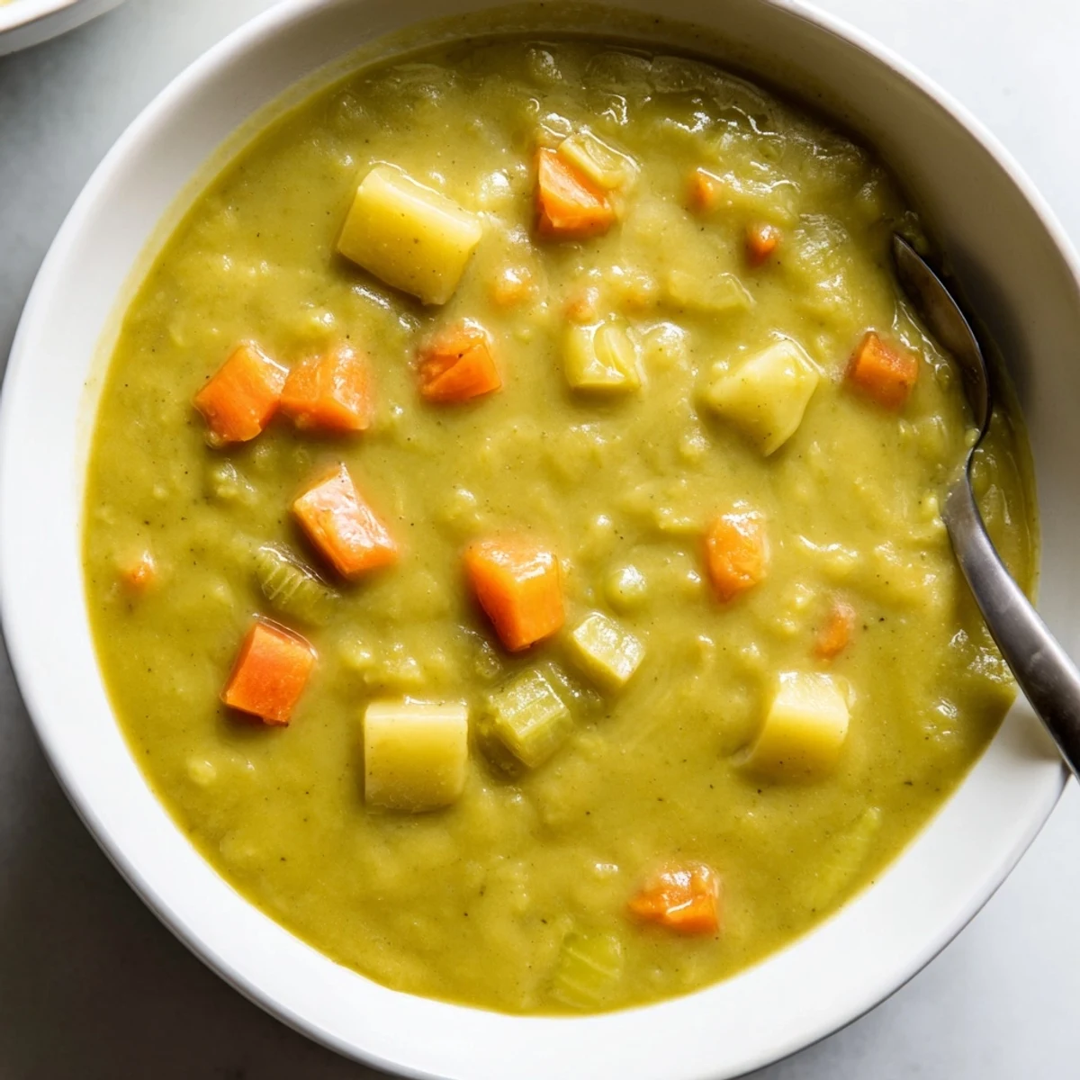 Creamy split pea soup simmering in a rustic pot, with diced carrots and potatoes in a smoky, steamy broth.