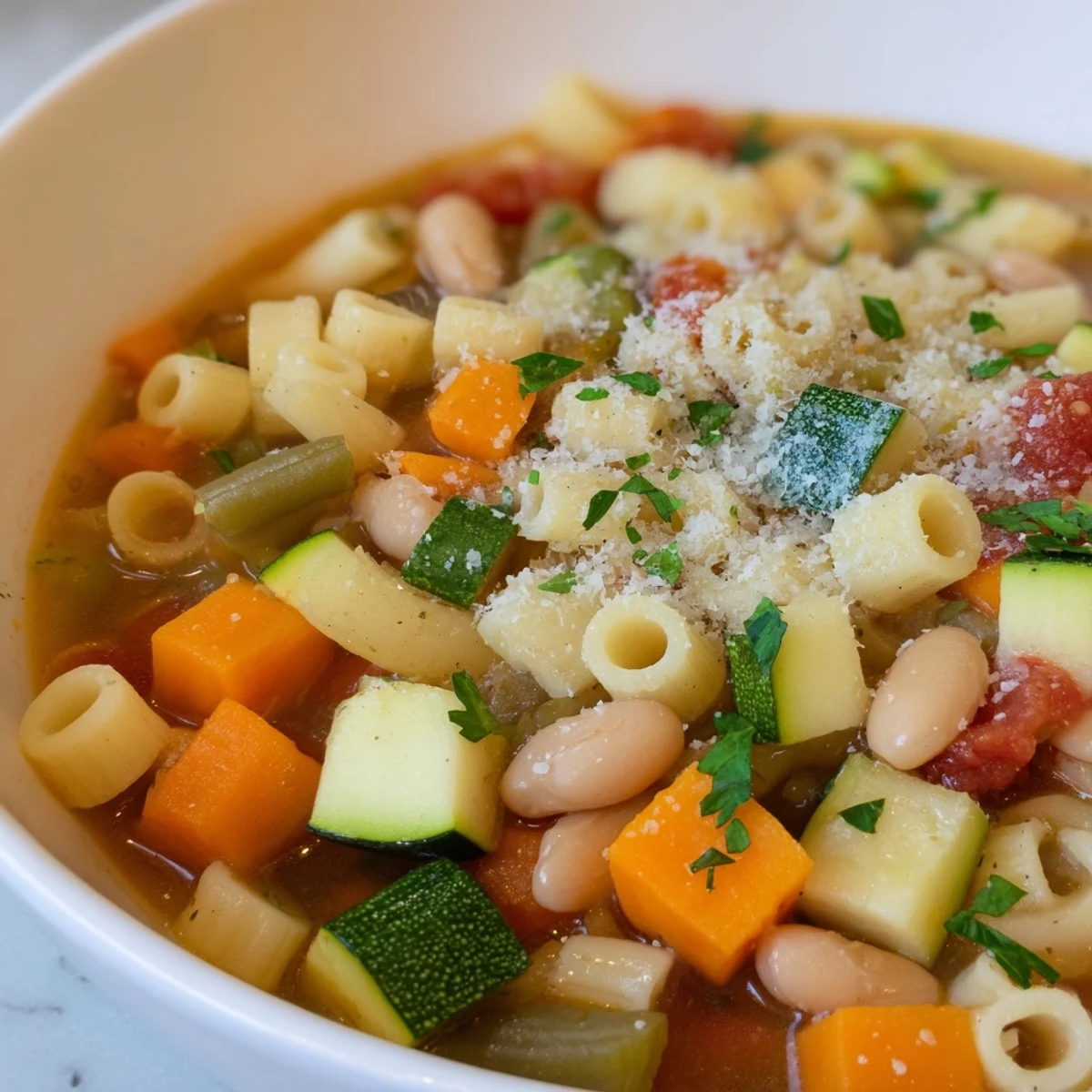 Steaming Minestrone Vegetable Soup in a rustic pot, featuring tender pasta and fresh herbs, ready to ladle into serving bowls.