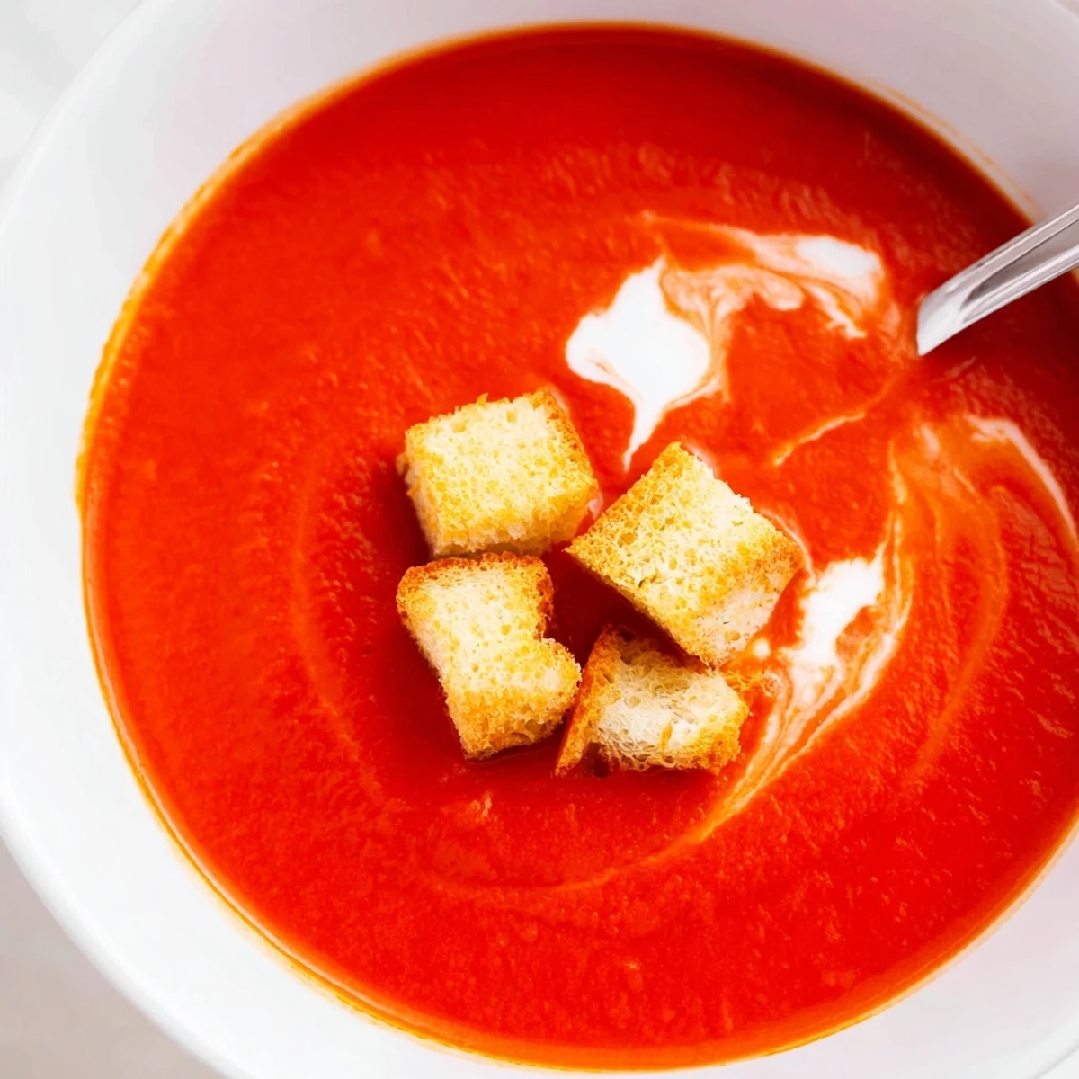 A bowl of Roasted Tomato Soup with Crispy Croutons, featuring a rich, velvety texture and golden, crunchy croutons ready to enjoy.  